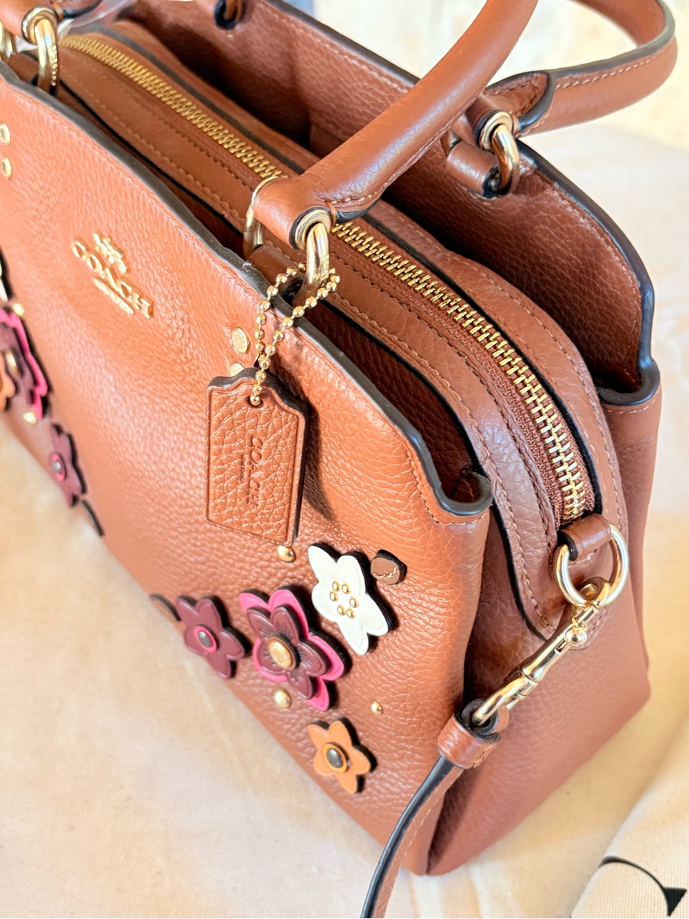 Coach Brown Leather Satchel with Floral Appliqués - Picture 6 of 10